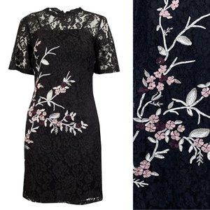 SNLY Women Dress 14 Lace Black Floral Embroidery Short Sleeve Mini Pencil Sheath